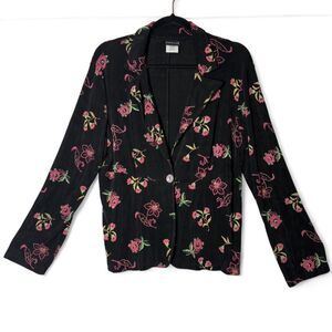 VTG 90s Citiknits Black Floral Print Knit Blazer Cardigan sz M made in USA